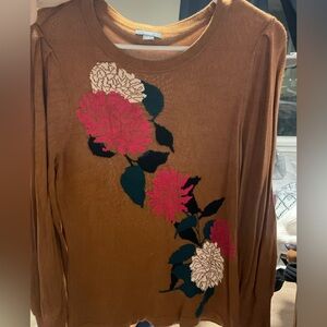 Ann Taylor Brown Floral Crewneck Long Sleeve Sweater Top